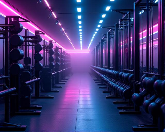 Entorno de gimnasio moderno con iluminación neón en Madrid